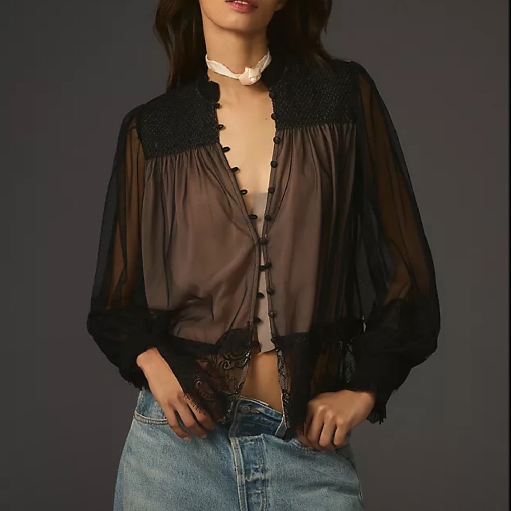 Anthropology Smocked Boho Layered Tulle Puff/Ballon Sleeve Lace Blouse size S